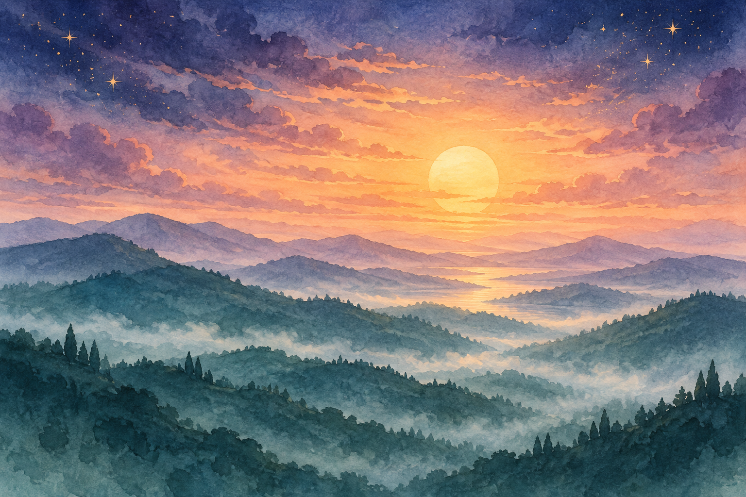 Watercolor sun rising over layered blue and green mountains